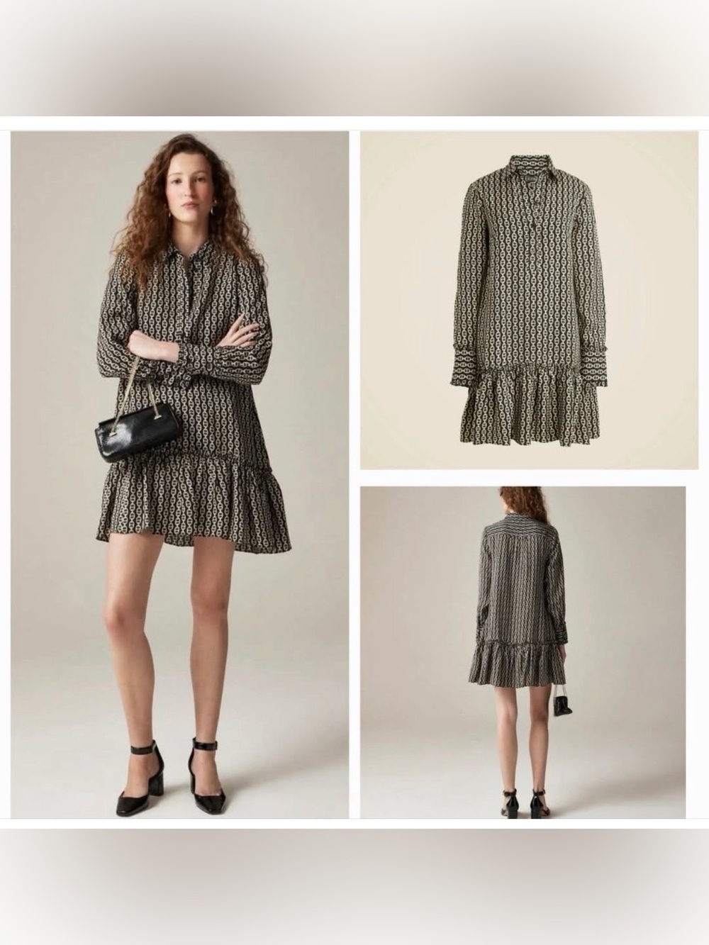 J.Crew Amelia Popover Shirt-Dress Chain Print Ruffle Geometric Black Tan S